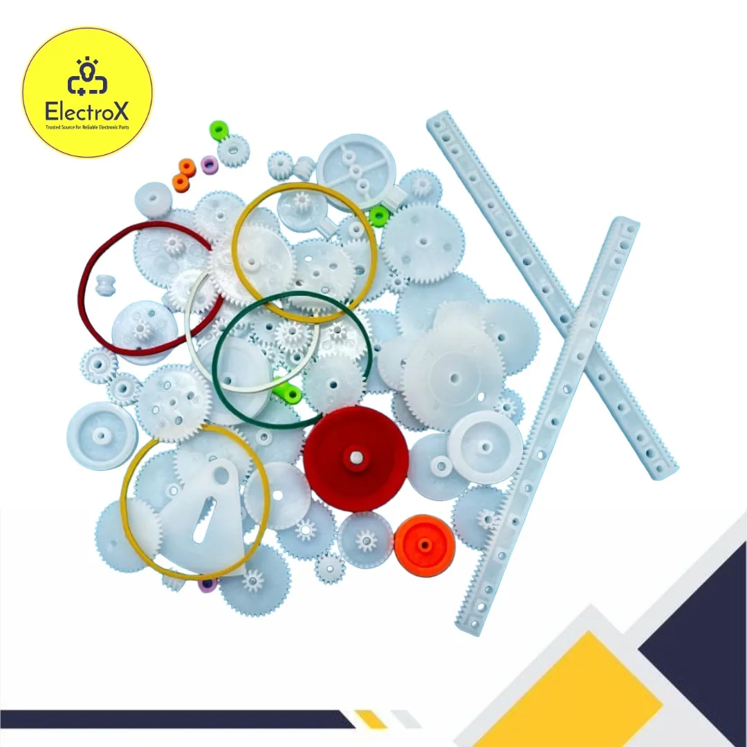 75 Pcs Plastic Gear Set with rack, pulley, and gearbox components for DIY robotics, toy repairs, and educational engineering projects.