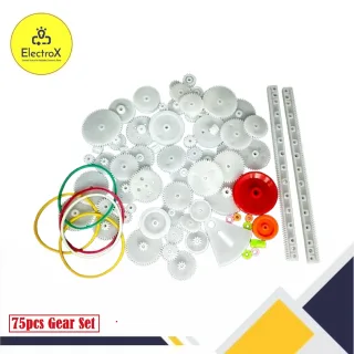 75 Pcs Plastic Gear Set with rack, pulley, and gearbox components for DIY robotics, toy repairs, and educational engineering projects.