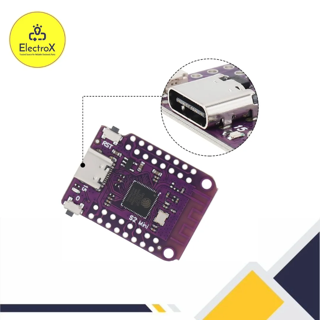 ESP32 S2 V1.0.0 Module with 4MB Flash and 2MB PSRAM for IoT, WiFi, and embedded system projects.