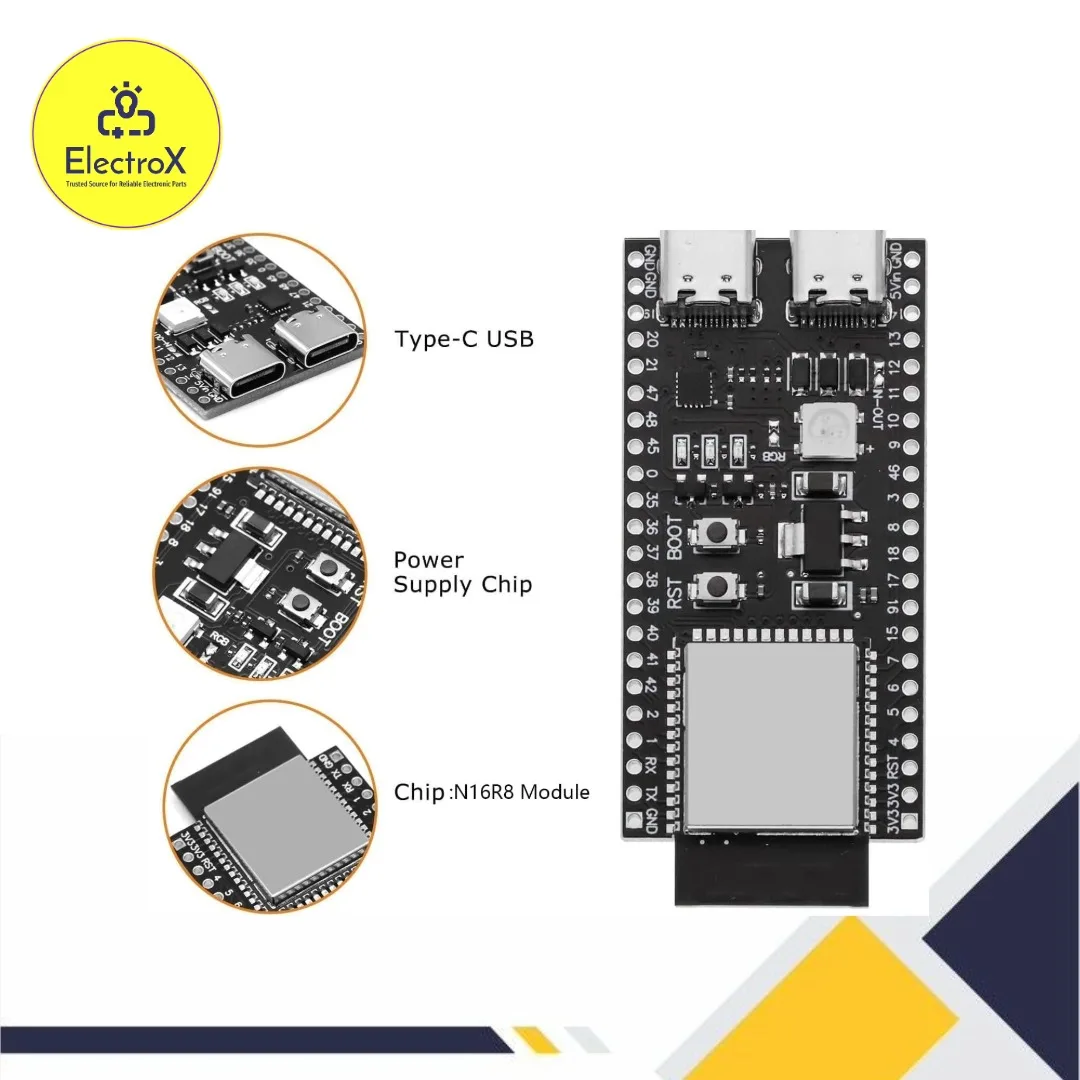 ESP32 S3 N16R8 Dual-Core Development Board with WiFi and Bluetooth for IoT, AI, and embedded projects.