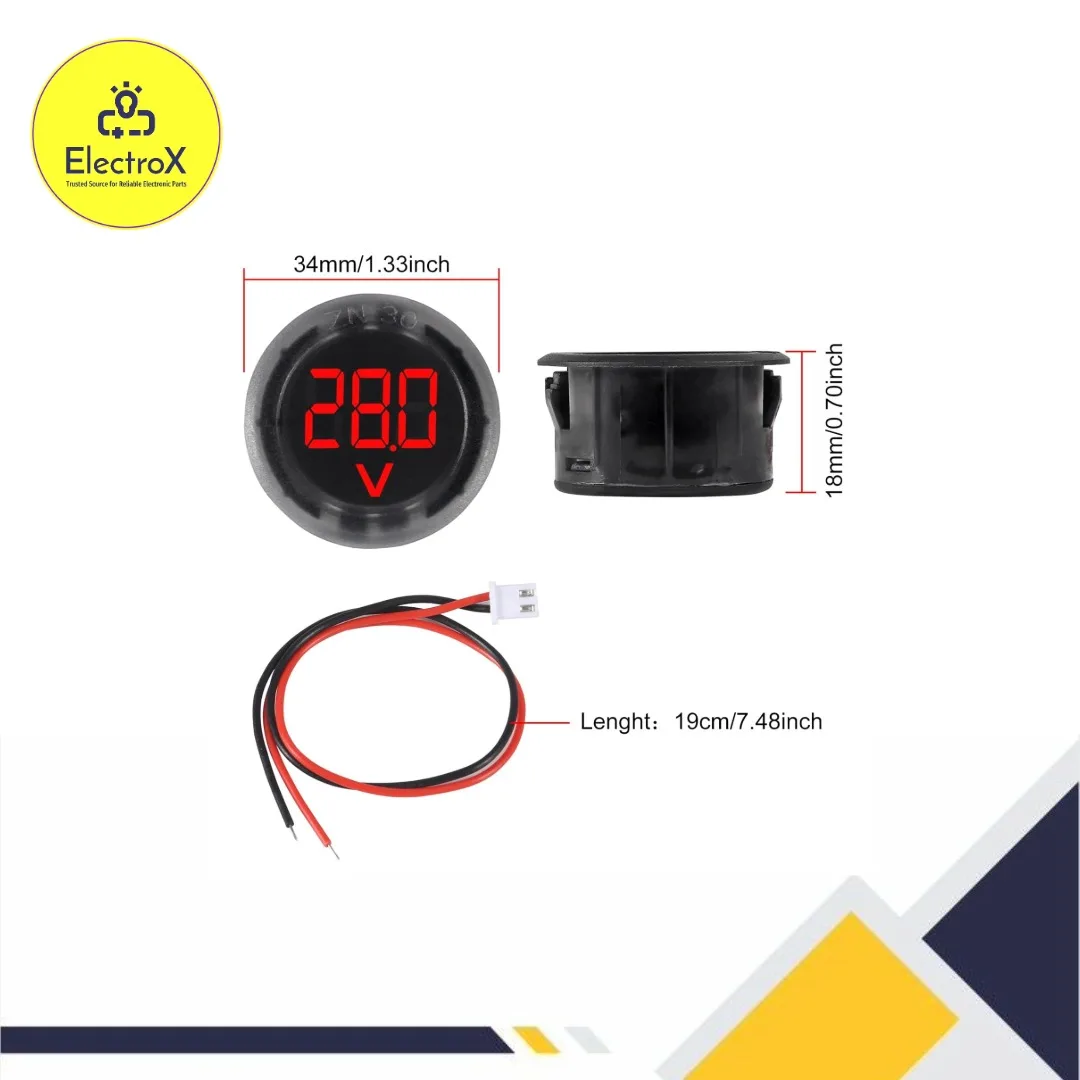 Mini Digital DC Voltmeter 4-100V Round Shape with LED display for accurate voltage measurement in batteries, power supplies, and DIY electronics projects.